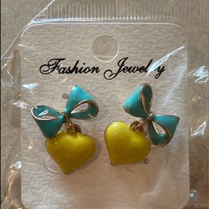 Yellow heart shape with green bow dangle earring
